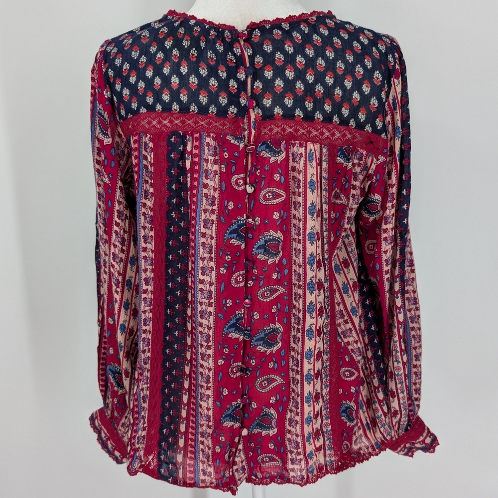 Anthropologie Red Navy Blue Boho Long Sleeve Gretchen Patchwork Lace Blouse 12 - Picture 6 of 8